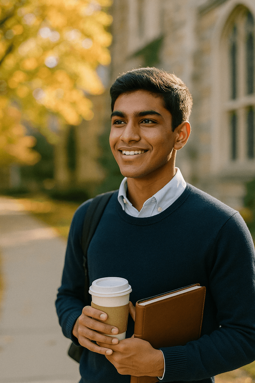 Student looking ahead on a university campus